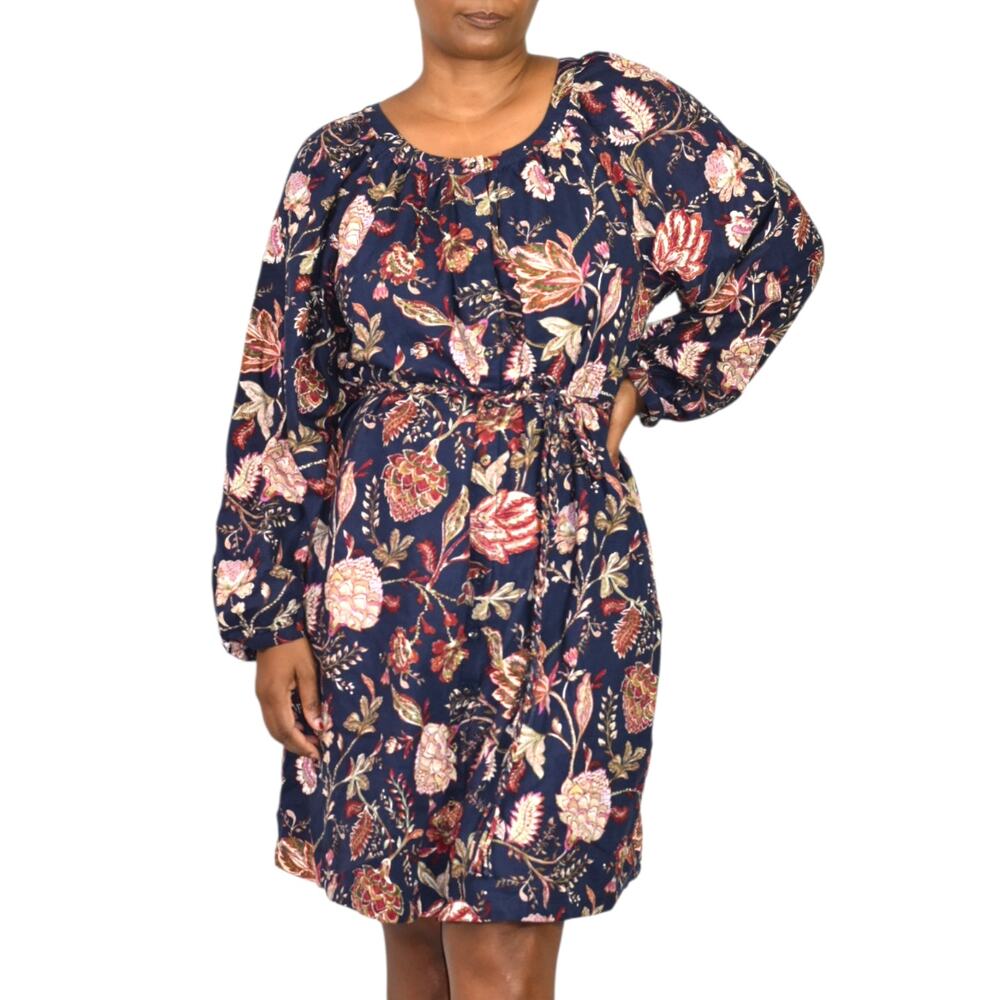 Tommy Bahama Shirt Dress Blue Tropical Floral Linen Blend Long Sleeve Belt Large